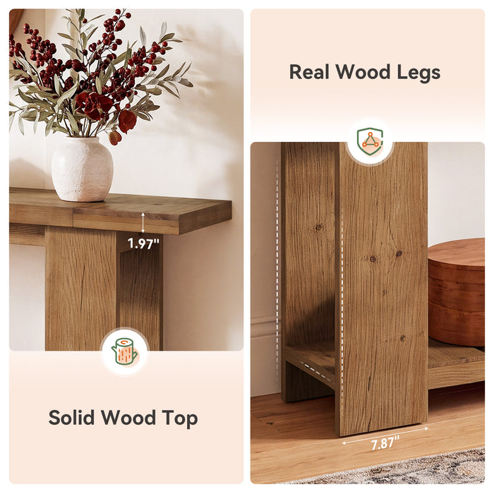 79" Solid Wood Console Table, Farmhouse Sofa Entryway Table with 2-Tier Storage