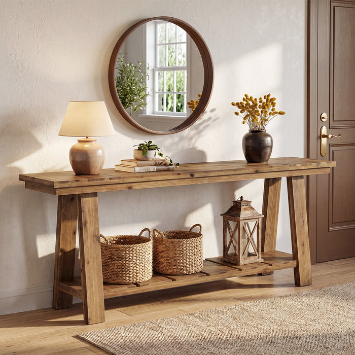 79" Solid Wood Console Table, Long Farmhouse Entryway Table with 2-Tier Storage Shelf