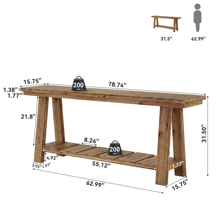 79" Solid Wood Console Table, Long Farmhouse Entryway Table with 2-Tier Storage Shelf
