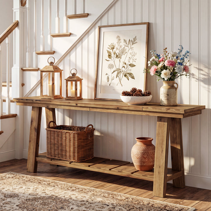 79" Solid Wood Console Table, Long Farmhouse Entryway Table with 2-Tier Storage Shelf