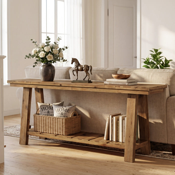 79" Solid Wood Console Table, Long Farmhouse Entryway Table with 2-Tier Storage Shelf