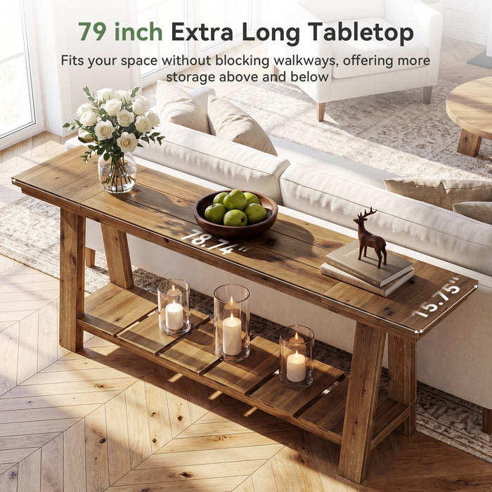 79" Solid Wood Console Table, Long Farmhouse Entryway Table with 2-Tier Storage Shelf