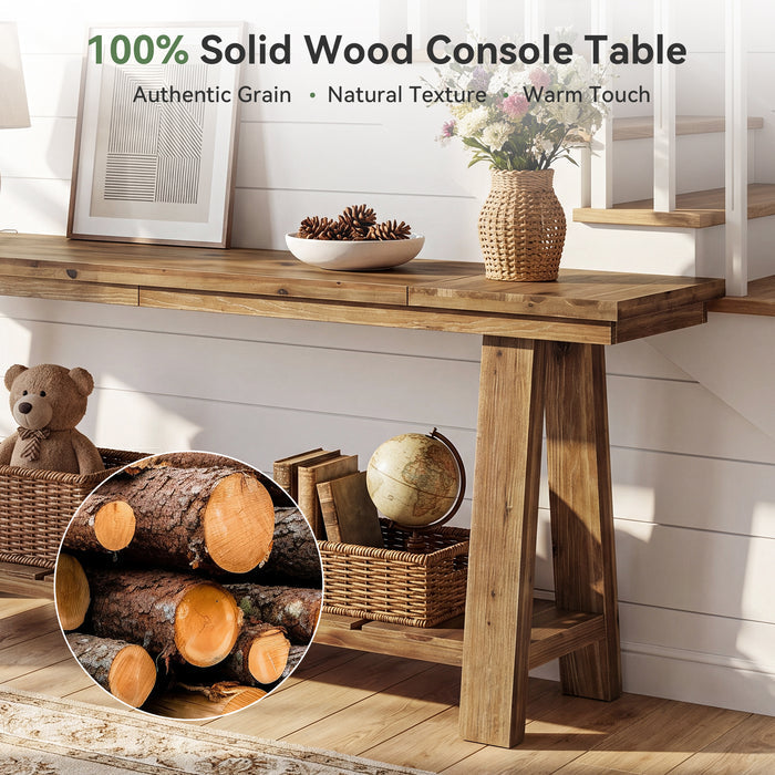 79" Solid Wood Console Table, Long Farmhouse Entryway Table with 2-Tier Storage Shelf