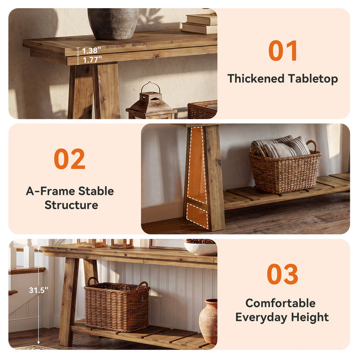 79" Solid Wood Console Table, Long Farmhouse Entryway Table with 2-Tier Storage Shelf