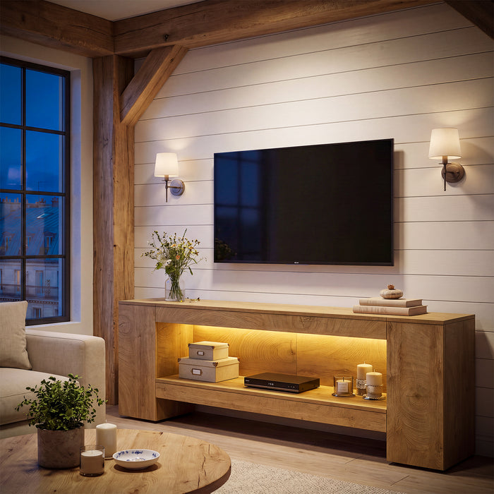 82.6" TV Stand, Farmhouse Entertainment Center with LED Light for up to 85" TV