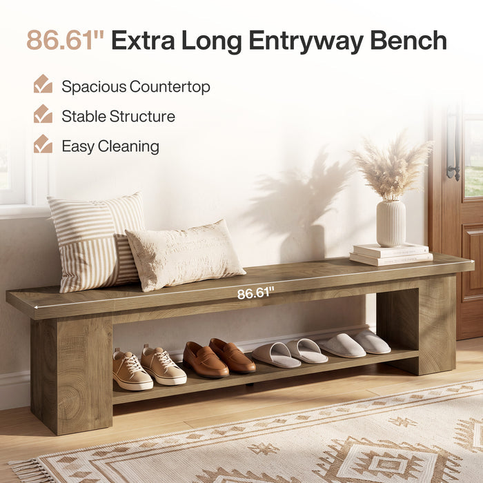 86.6" Extra-Long Entryway Bench, Farmhouse Shoe Bench with 2-Tier Storage