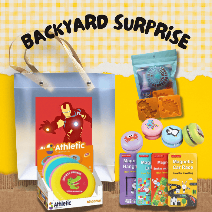 Backyard Surprise goodie bag with colorful treats and toys on a wooden table outdoors