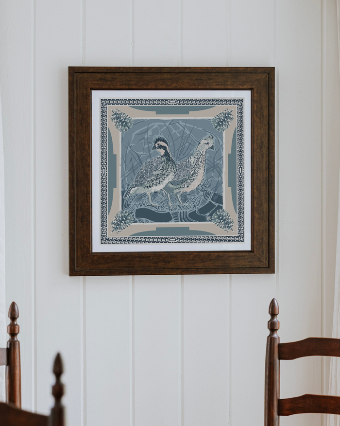 Blue Quail Pair Framed Scarf Print