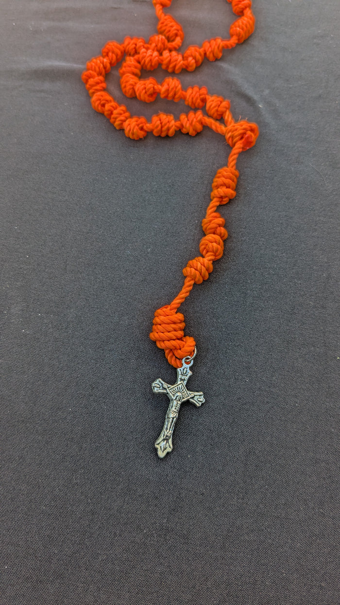 Bright Orange Knotted Rosary with Nickel Crucifix - Large