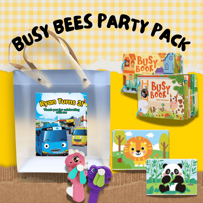 Busy Bees Goodie Bag Party Pack with busy books, foam stickers, handheld fan, and animal cards for kids.