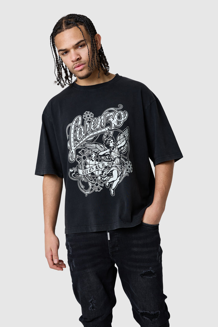 Cherub Tee - Black Acid Wash