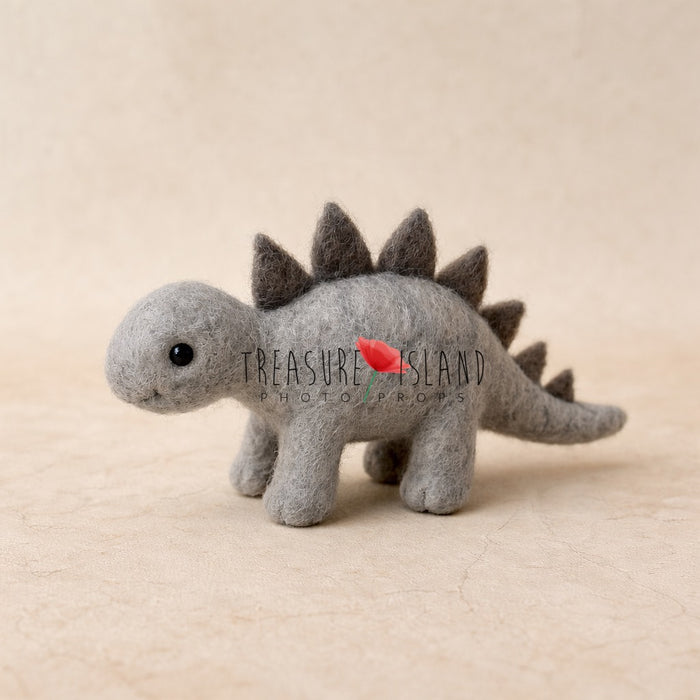 Grey hand-felted wool dinosaur props for newborn and sitter photography
