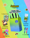 MSGiggles children's educational kit with colorful gradient bag on a multicolored background