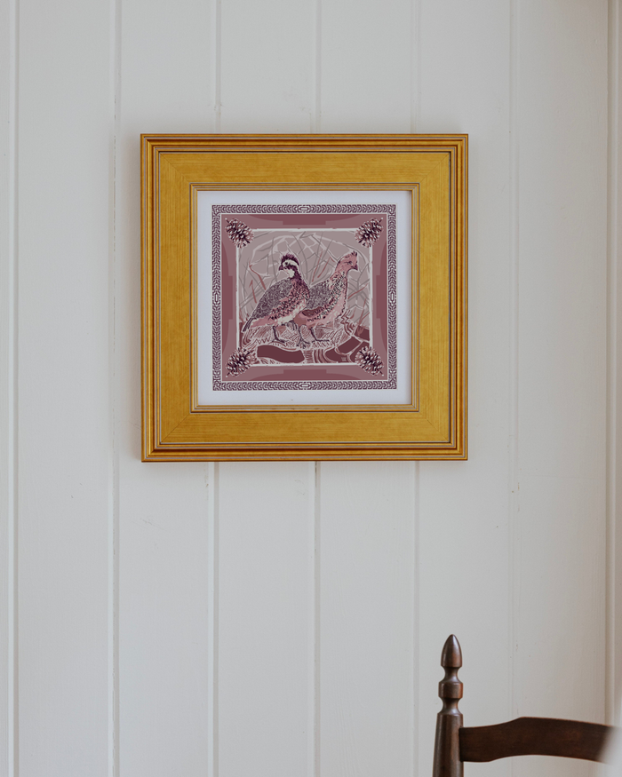 Dusty Rose Quail Pair Framed Scarf Print