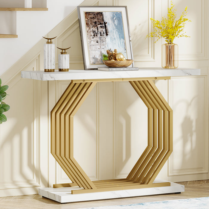 Console Table, 40" Faux Marble Sofa Table with Geometric Metal Base Tribesigns