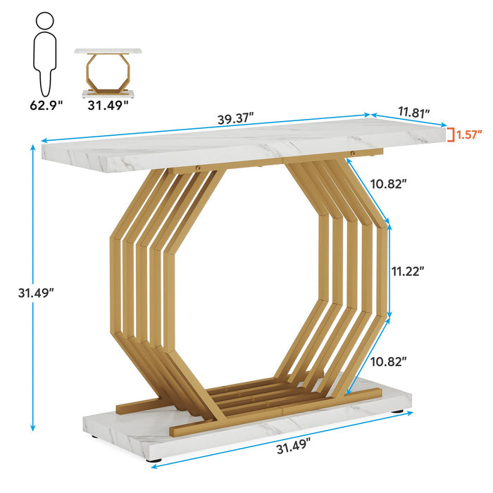 Faux Marble Console Table, 40" Accent Sofa Table with Geometric Metal Base