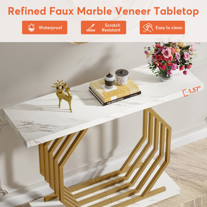Console Table, 40" Faux Marble Sofa Table with Geometric Metal Base Tribesigns