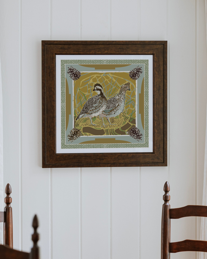 Gold Quail Pair Framed Scarf Print