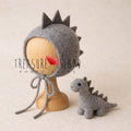 Grey hand-felted Dino bonnet with matching dinosaur toy for newborn and sitter photography