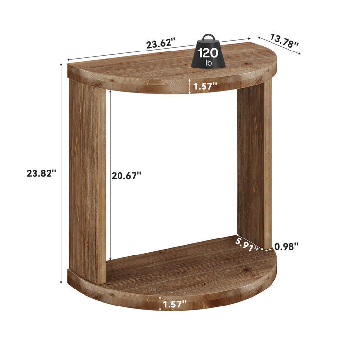 Half Moon End Table with Storage Shelf, Solid Wood Farmhouse Side Table, 2-Tier Shelves, Living Room & Bedroom