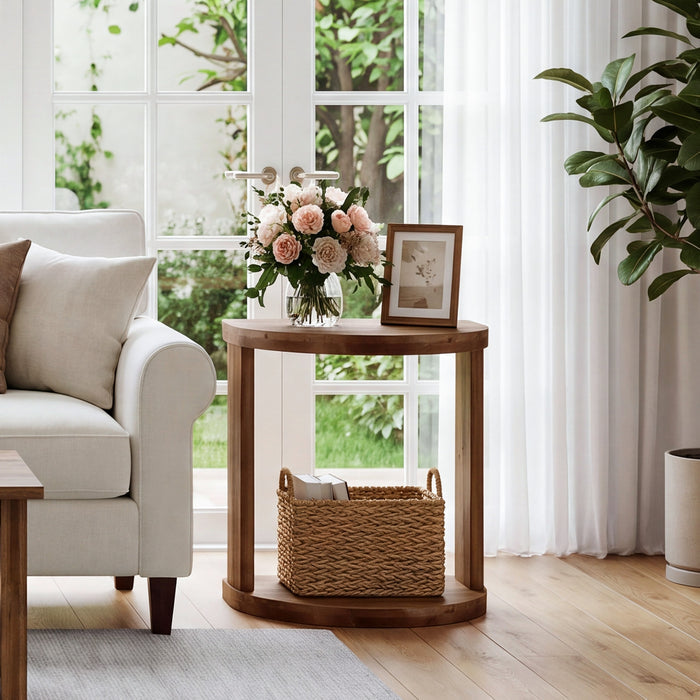 Half Moon End Table with Storage Shelf, Solid Wood Farmhouse Side Table, 2-Tier Shelves, Living Room & Bedroom