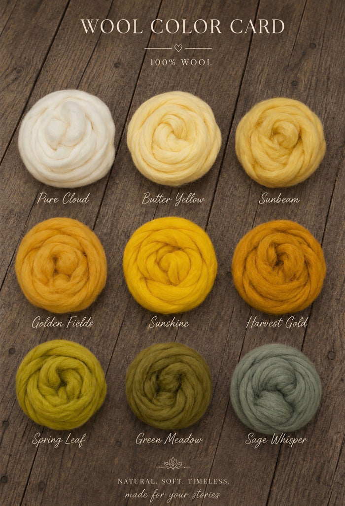 Chunky Wool Nest color card  displaying nine different wool colors arranged in a grid on a dark wood background. The colors include various shades of pure cloud, butter yellow,sunbean, golden fields, sunshine, harvesr gold, spring leaf, green meadow andsage whisper with its name (e.