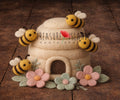 felted beehive with bees and flowers newborn cake smash photography prop set