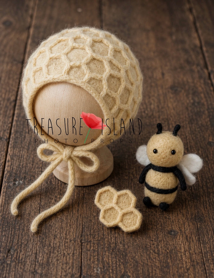 hand felted honey bee photography prop set with honeycomb bonnet for newborn and sitter sessions