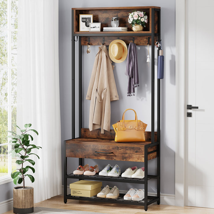 Full-frontal shot of Tribesigns's Industrial Coat Rack Shoe Bench, Entryway Hall Tree with Drawer & Hooks.