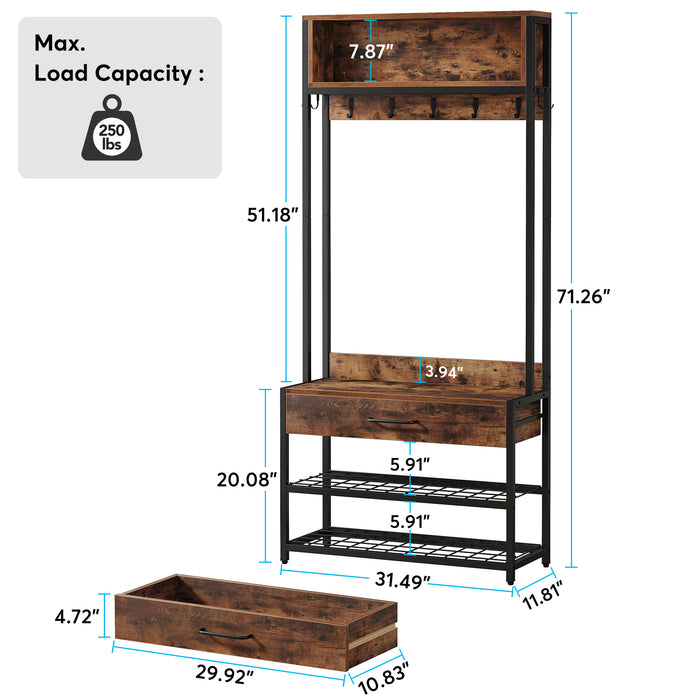 Industrial Hall Tree Shoe Bench, Entryway Closet Organizer with Drawer & Hooks