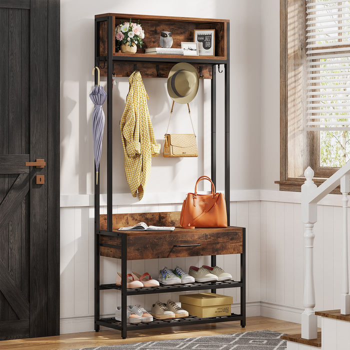 Entryway coat rack with Tribesigns's Industrial Coat Rack Shoe Bench, Entryway Hall Tree with Drawer & Hooks.