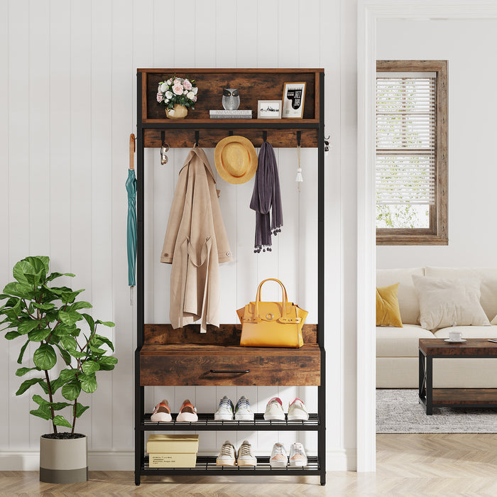 The living room scene featuring Tribesigns's Coat Rack Shoe Bench adds a touch of functionality and style to the space.