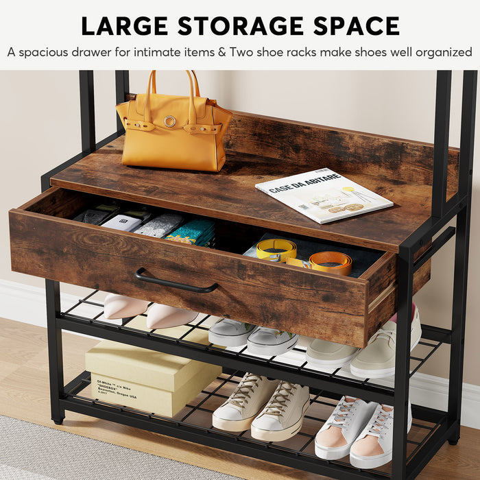 A storage diagram of Tribesigns's Coat Rack Shoe Bench shows its storage and partitioning functions.