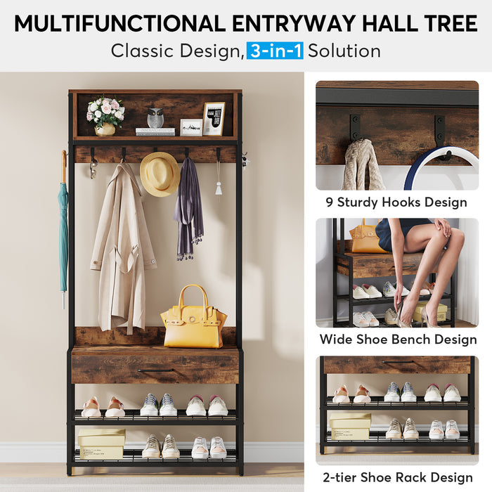 Schematic diagram of Tribesigns's Coat Rack Shoe Bench, Entryway Hall Tree with Drawer & Hooks.