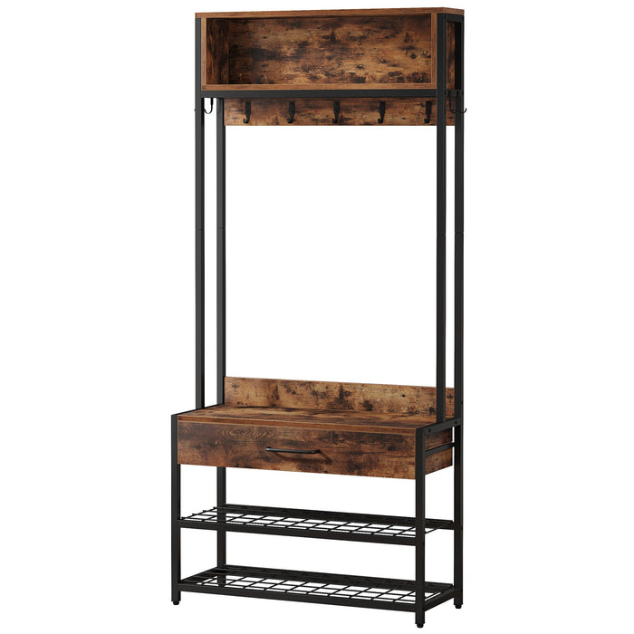 White background image of Industrial Coat Rack Shoe Bench, Entryway Hall Tree with Drawer & Hooks by Tribesigns.