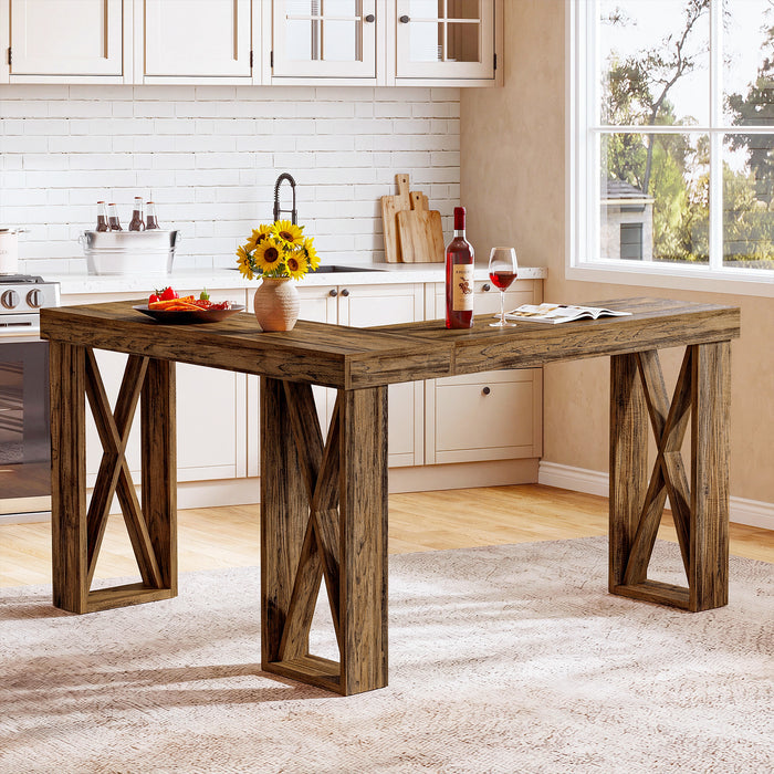 L-Shaped Bar Table, 63" x 55" High Top Corner Dining Table Pub Table with X-Cutout Leg