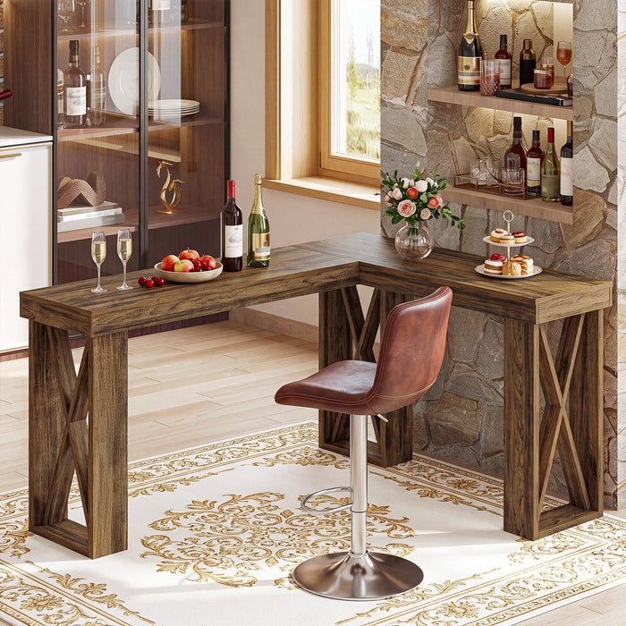 L-Shaped Bar Table, 63" x 55" High Top Corner Dining Table Pub Table with X-Cutout Leg