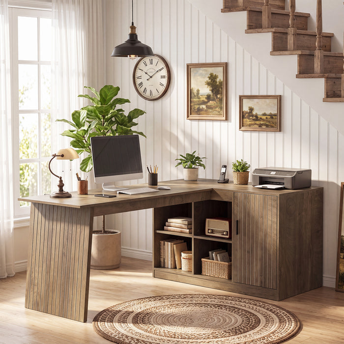 L-Shaped Desk, 66" Computer Desk with Shelves and Storage Cabinet for Home Office