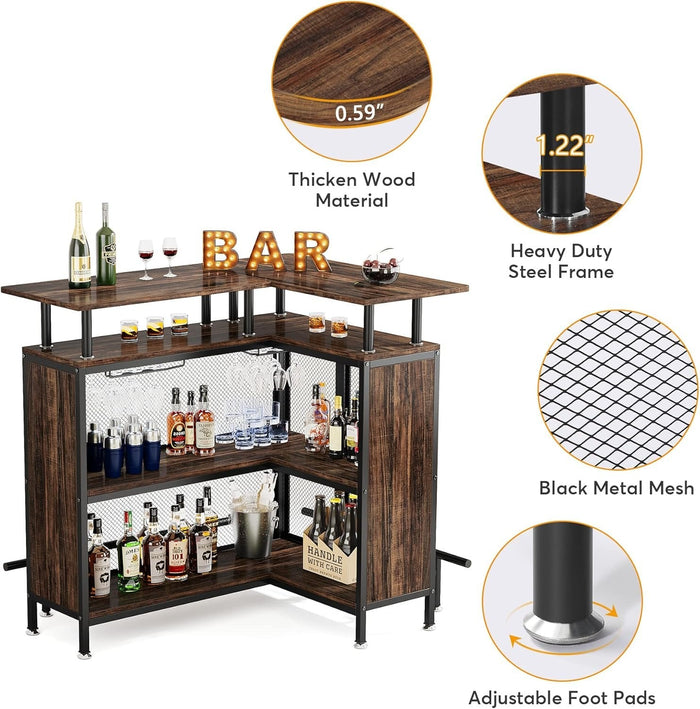 L-Shaped Home Bar Unit, Liquor Bar Table with Glasses Holders & Shelves
