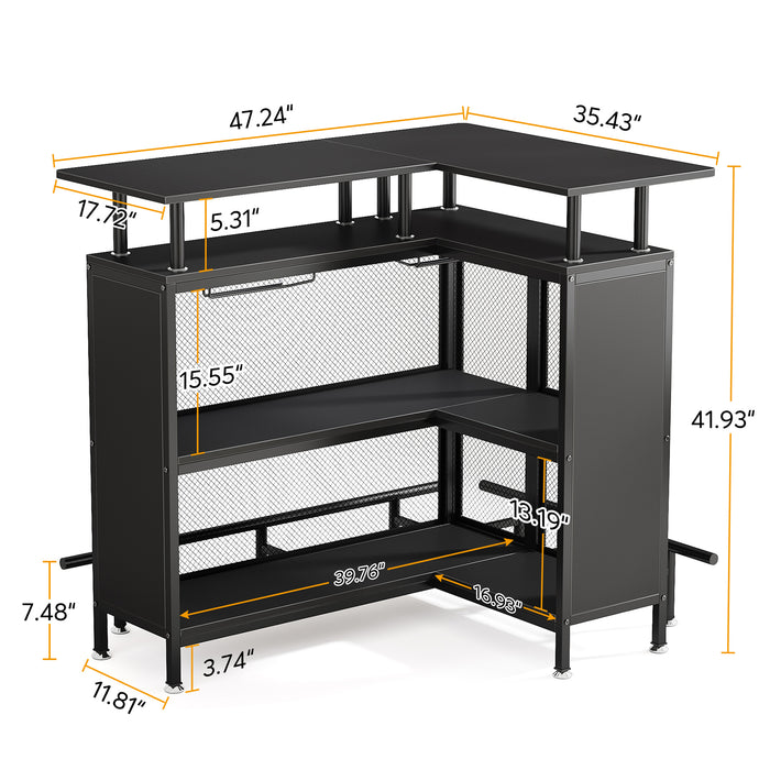 L-Shaped Home Bar Unit, Liquor Bar Table with Glasses Holders & Shelves