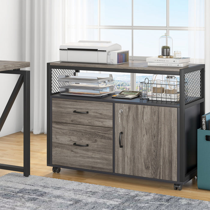 Tribesigns's industrial-style printer stand has dark wood shelves and a black steel frame.