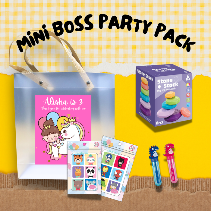 Mini Boss Party Pack goodie bags for kids with stacking toys and mosquito patches for toddlers