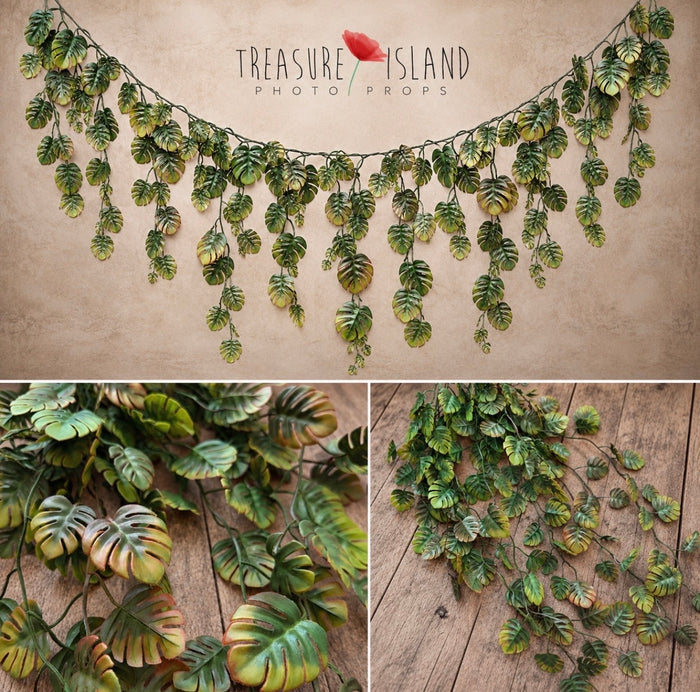 monstera leaf garland with cascading tropical greenery for Safari and newborn photography setups