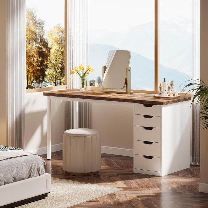 Modern Computer Desk, 47" Study Writing Table with 5 Reversible Drawers for Home Office