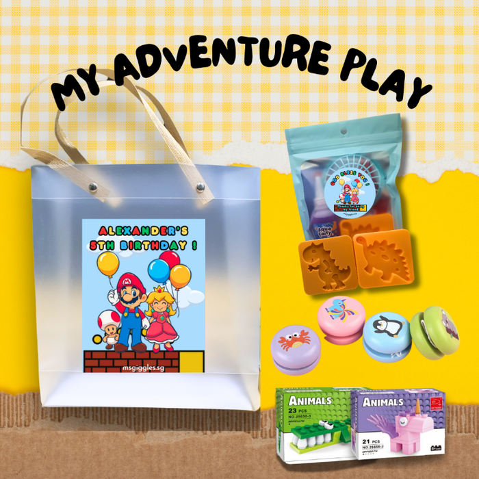 My Adventure Play goodie bag with wooden yoyo, animal blocks, and magical water elves for kids' imaginative play