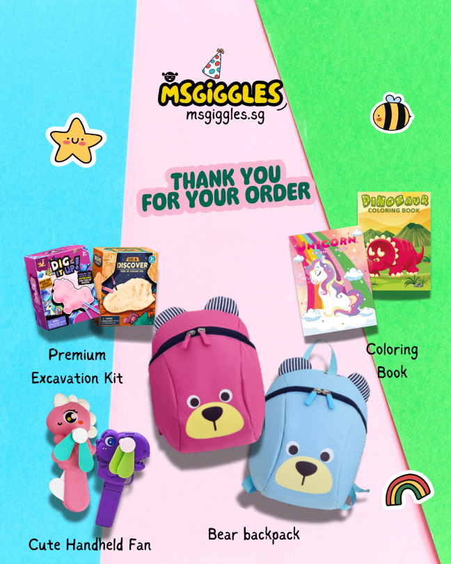 My Bearly Adventurous Pack featuring bear backpacks, premium excavation kits, coloring books, and handheld fans for kids.