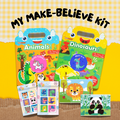 My Make-Believe Kit with reusable jelly sticker books, colorful EVA foam stickers, mosquito patch, and goodie bag for creative play.