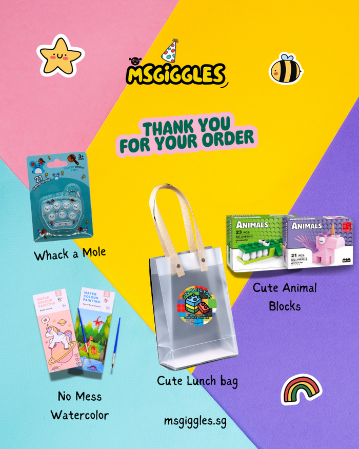 No Junk Goodie Bag with Whack-a-Mole game, mess-free watercolor set, cute animal blocks, and a clear lunch bag on colorful background