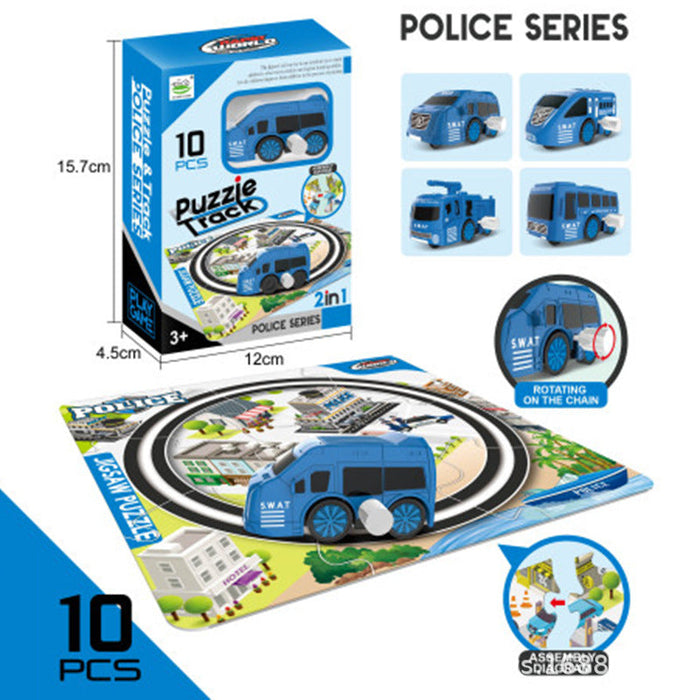 Puzzle Track Toy police series set with blue vehicle and puzzle pieces, includes rotating feature and display box, perfect for imaginative play.