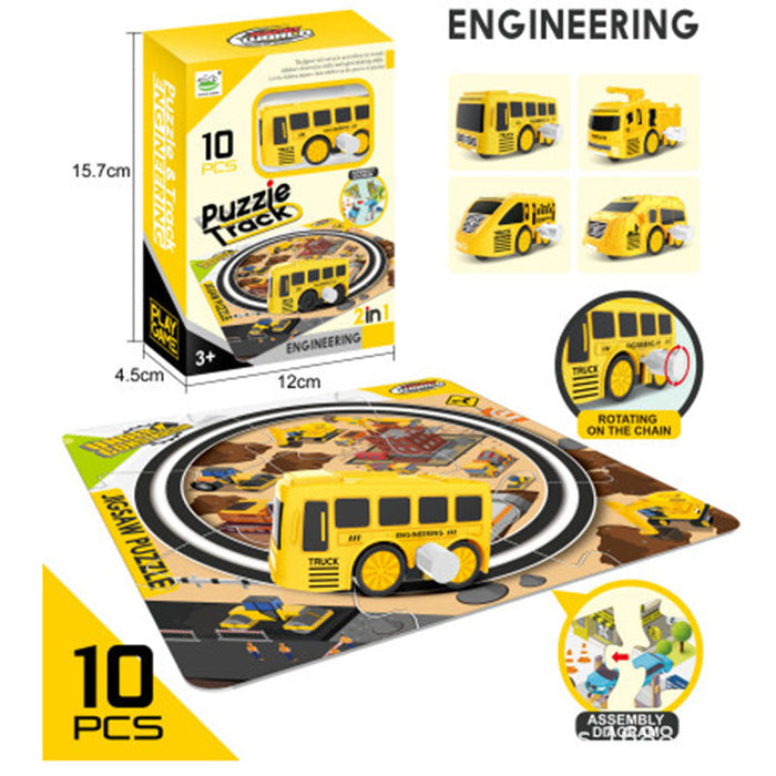 Puzzle Track Toy with modular pieces and toy vehicle on display.